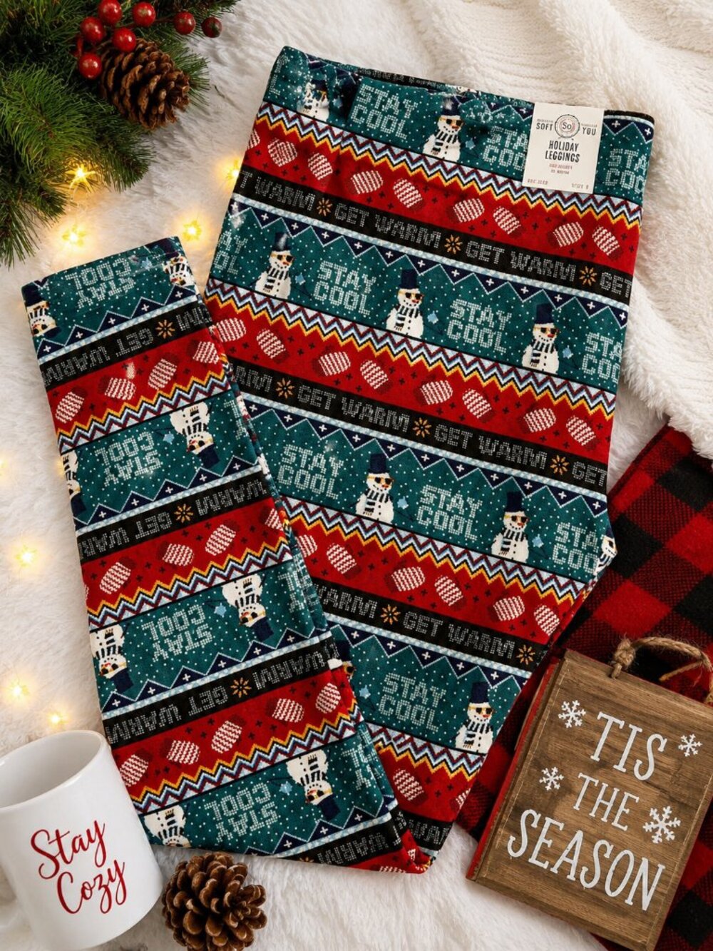 NWT SO 1X Christmas Leggings Stay Cool Get Warm Snowman Holiday Stretch